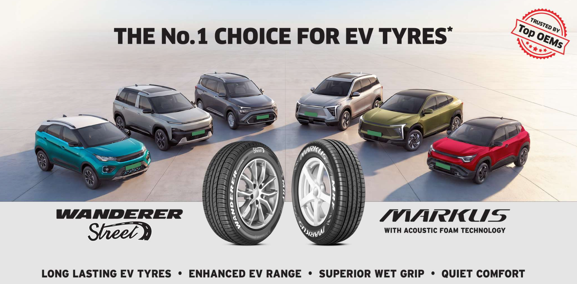 MRF EV tyres banner featuring Wanderer Street and Markus tyres with acoustic foam technology
